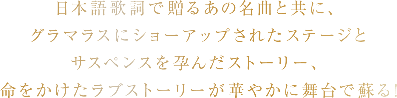 日本語歌詞で贈るあの名曲と共に、グラマラスにショーアップされたステージとサスペンスを孕んだストーリー、命をかけたラブストーリーが華やかに舞台で蘇る!