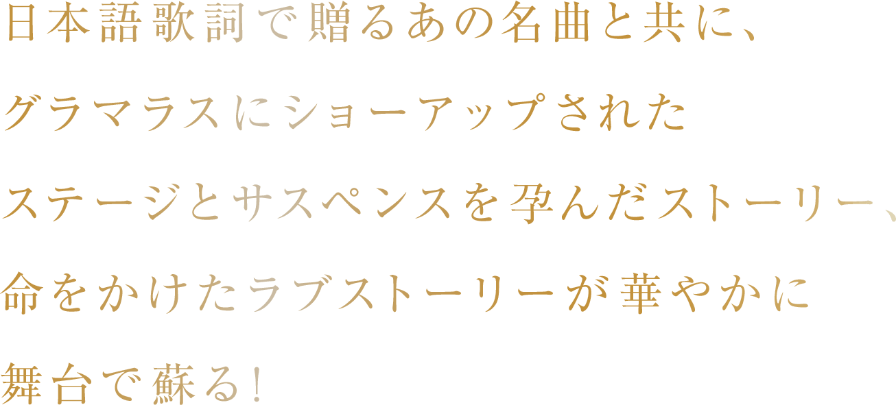 日本語歌詞で贈るあの名曲と共に、グラマラスにショーアップされたステージとサスペンスを孕んだストーリー、命をかけたラブストーリーが華やかに舞台で蘇る!